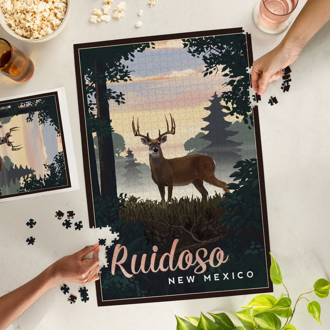 Ruidoso, New Mexico, Deer and Sunrise, Jigsaw Puzzle Puzzle Lantern Press 