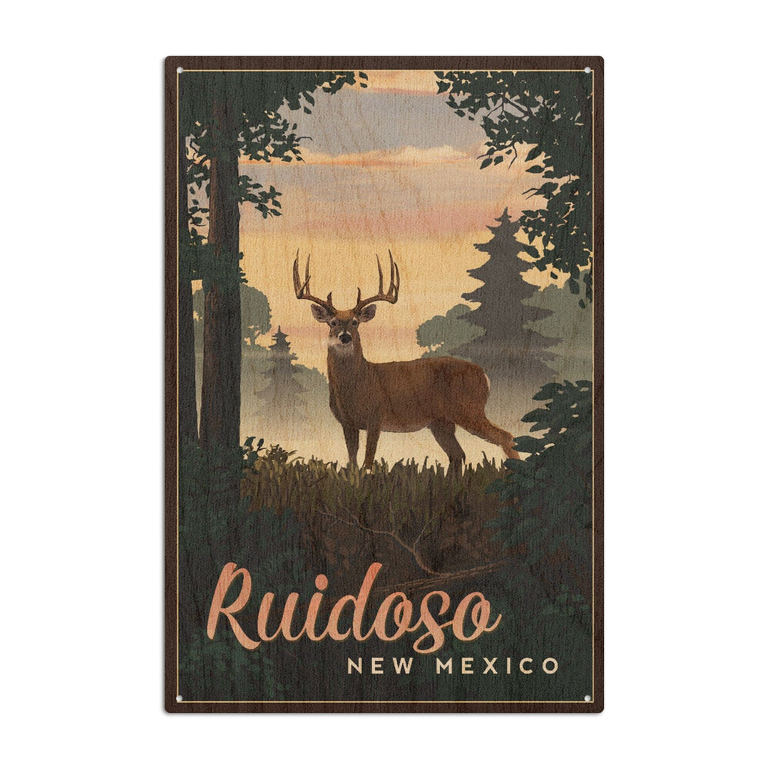 Ruidoso, New Mexico, Deer & Sunrise, Lantern Press Artwork, Wood Signs and Postcards Wood Lantern Press 10 x 15 Wood Sign 