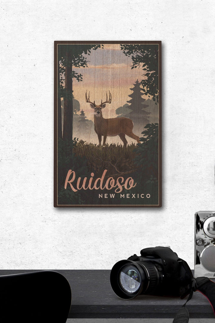 Ruidoso, New Mexico, Deer & Sunrise, Lantern Press Artwork, Wood Signs and Postcards Wood Lantern Press 12 x 18 Wood Gallery Print 