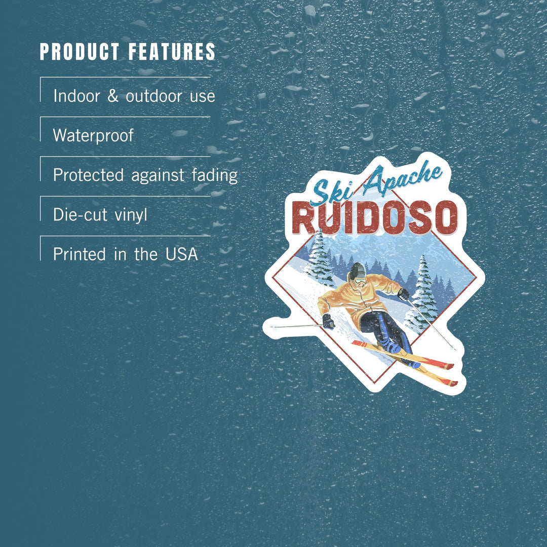 Ruidoso, New Mexico, Ski Apache, Downhill Skier, Contour, Vinyl Sticker Sticker Lantern Press 