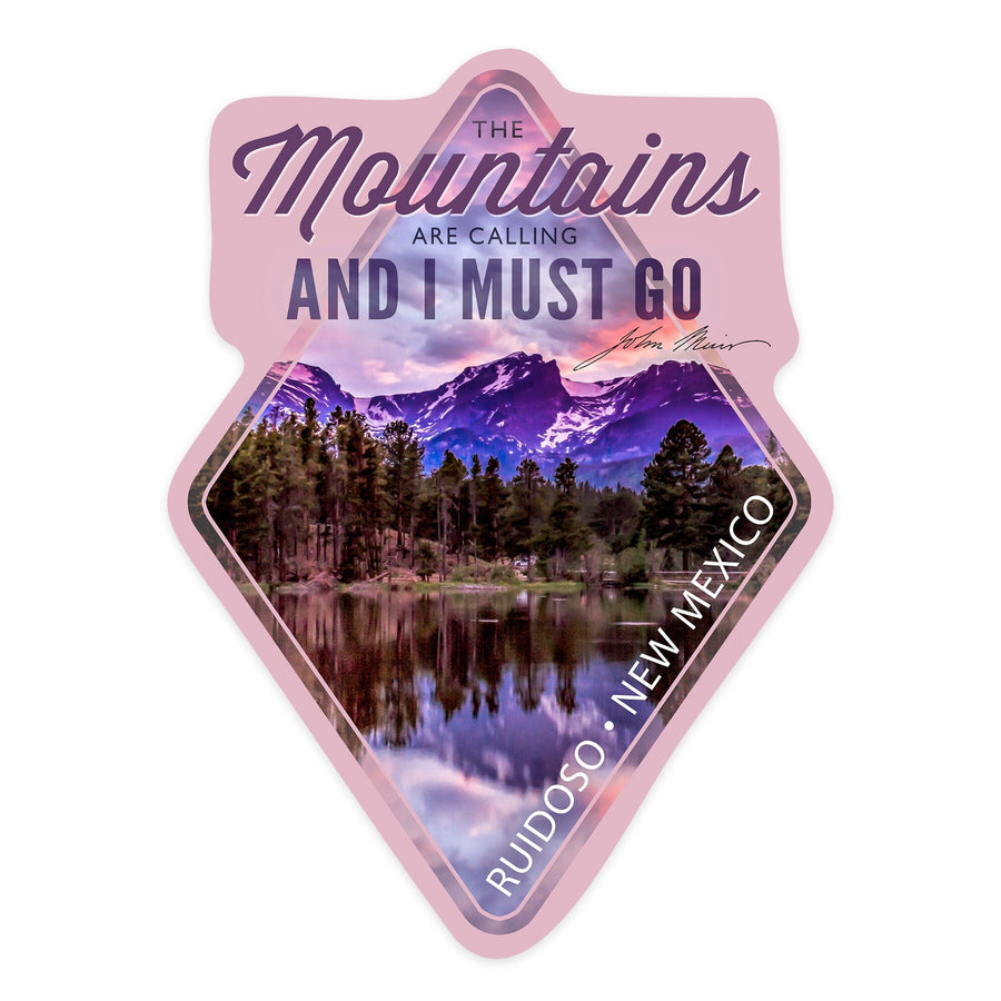 Ruidoso, New Mexico, The Mountains are Calling, John Muir Quote, Sunset and Lake, Contour, Vinyl Sticker Sticker Lantern Press 