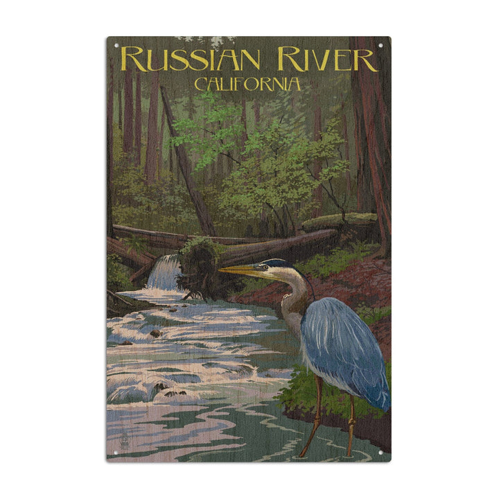 Russian River, California, Blue Heron, Lantern Press Artwork, Wood Signs and Postcards Wood Lantern Press 10 x 15 Wood Sign 