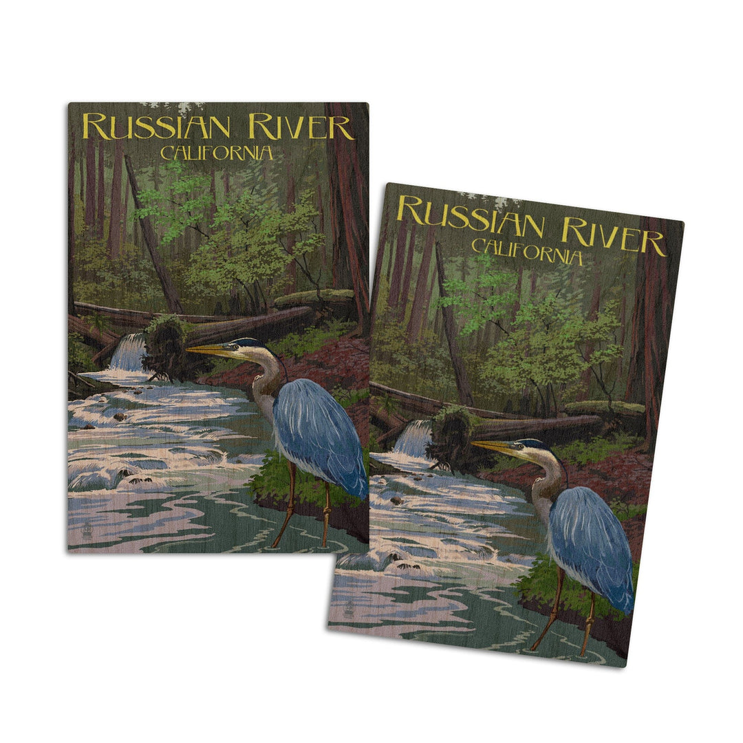Russian River, California, Blue Heron, Lantern Press Artwork, Wood Signs and Postcards Wood Lantern Press 4x6 Wood Postcard Set 