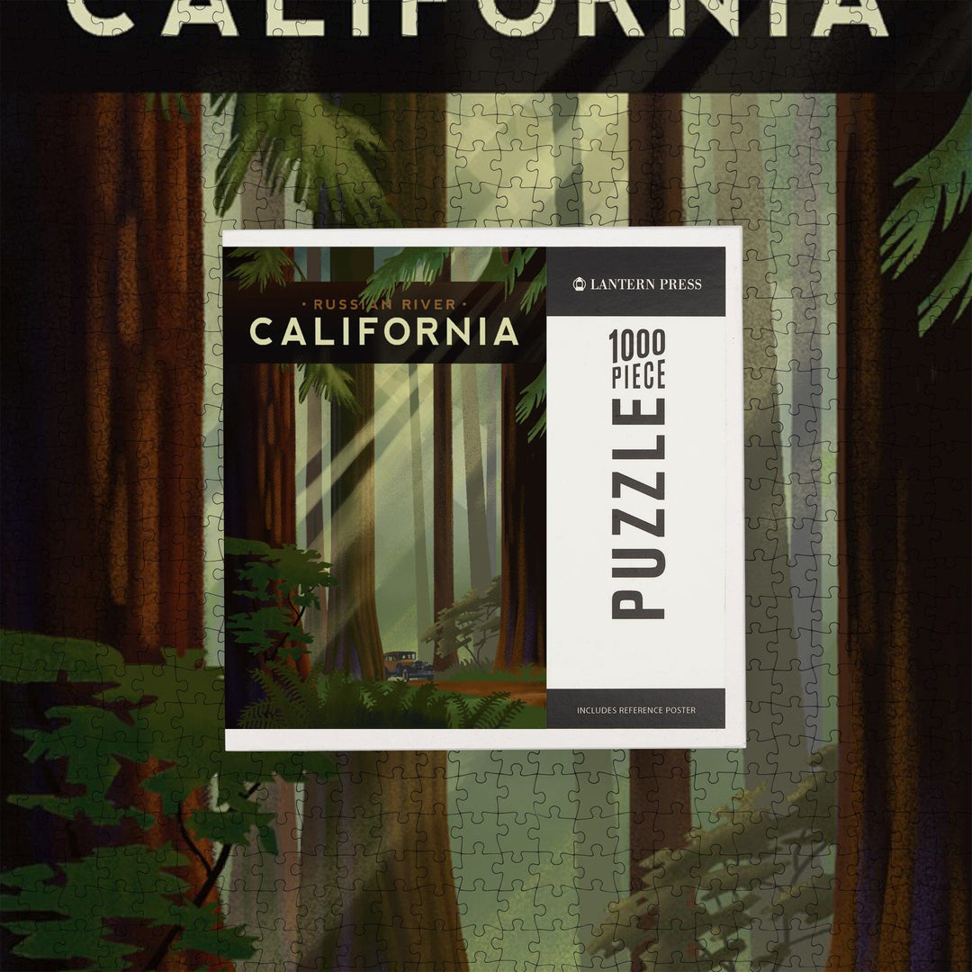 Russian River, California, Redwood Forest, Geometric Lithograph, Jigsaw Puzzle Puzzle Lantern Press 