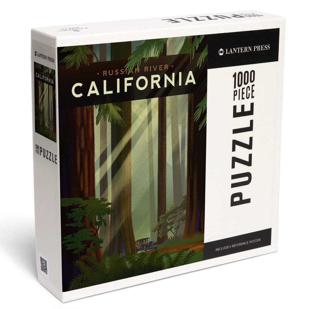 Russian River, California, Redwood Forest, Geometric Lithograph, Jigsaw Puzzle Puzzle Lantern Press 