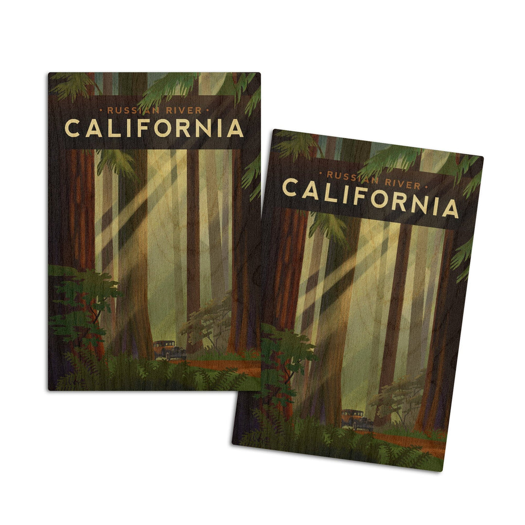 Russian River, California, Redwood Forest, Geometric Lithograph, Lantern Press Artwork, Wood Signs and Postcards Wood Lantern Press 4x6 Wood Postcard Set 