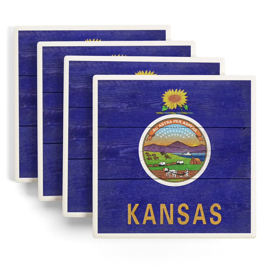 Rustic Kansas State Flag, Lantern Press Artwork, Coaster Set Coasters Lantern Press 