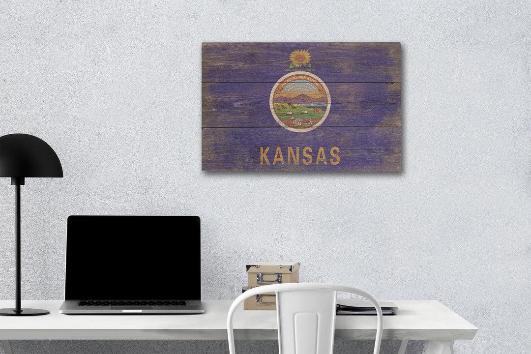 Rustic Kansas State Flag, Lantern Press Artwork, Wood Signs and Postcards Wood Lantern Press 12 x 18 Wood Gallery Print 
