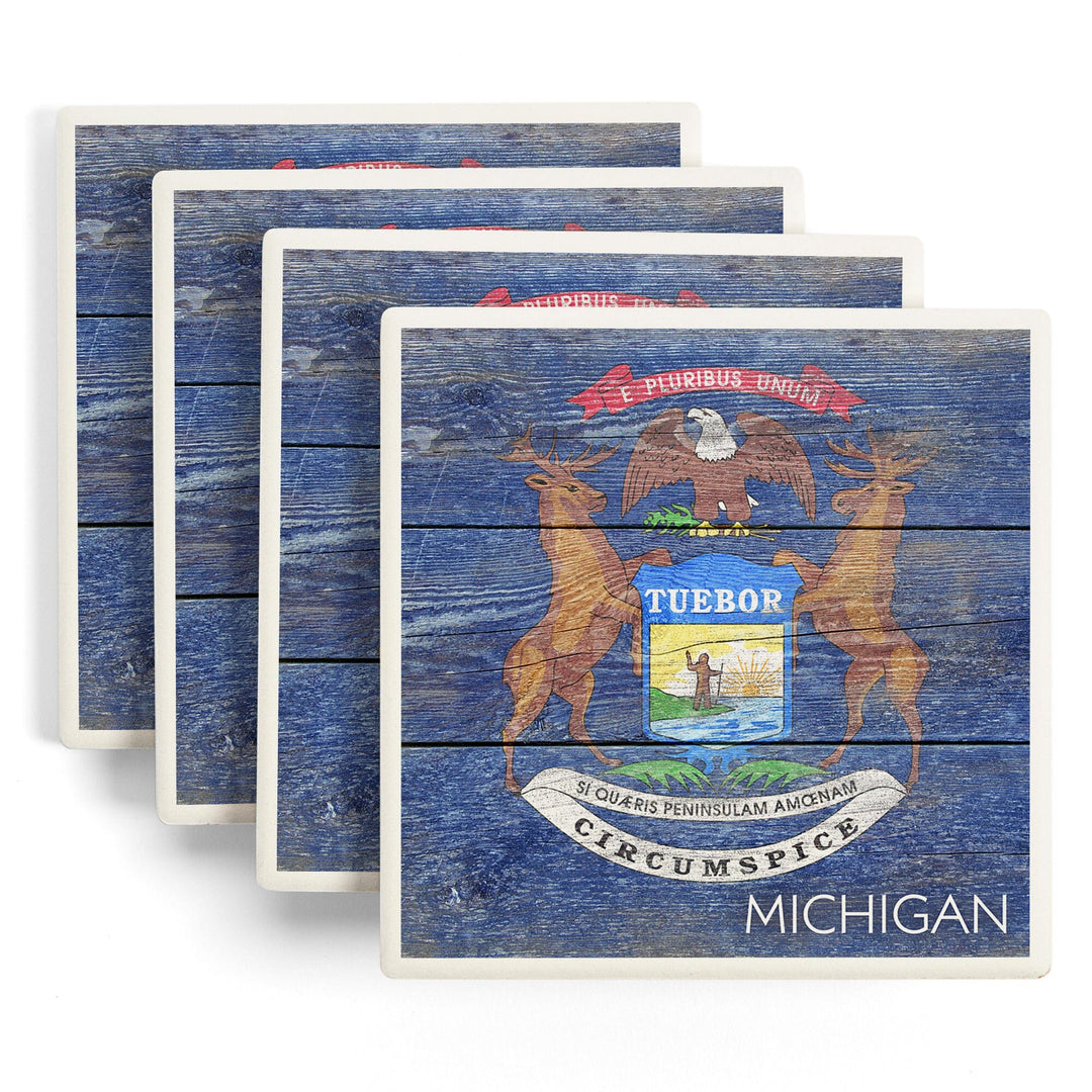 Rustic Michigan State Flag, Lantern Press Artwork, Coaster Set Coasters Lantern Press 