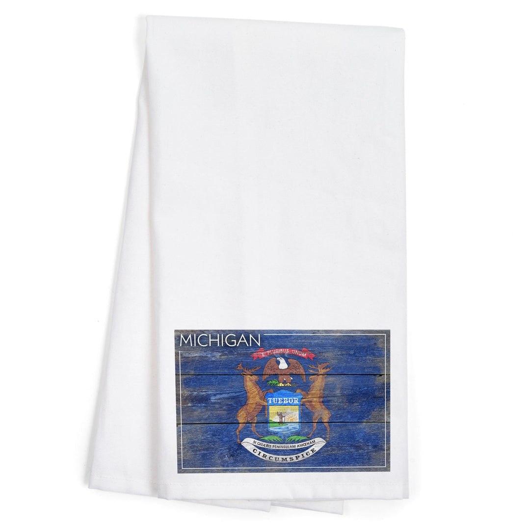 Rustic Michigan State Flag, Organic Cotton Kitchen Tea Towels Kitchen Lantern Press 