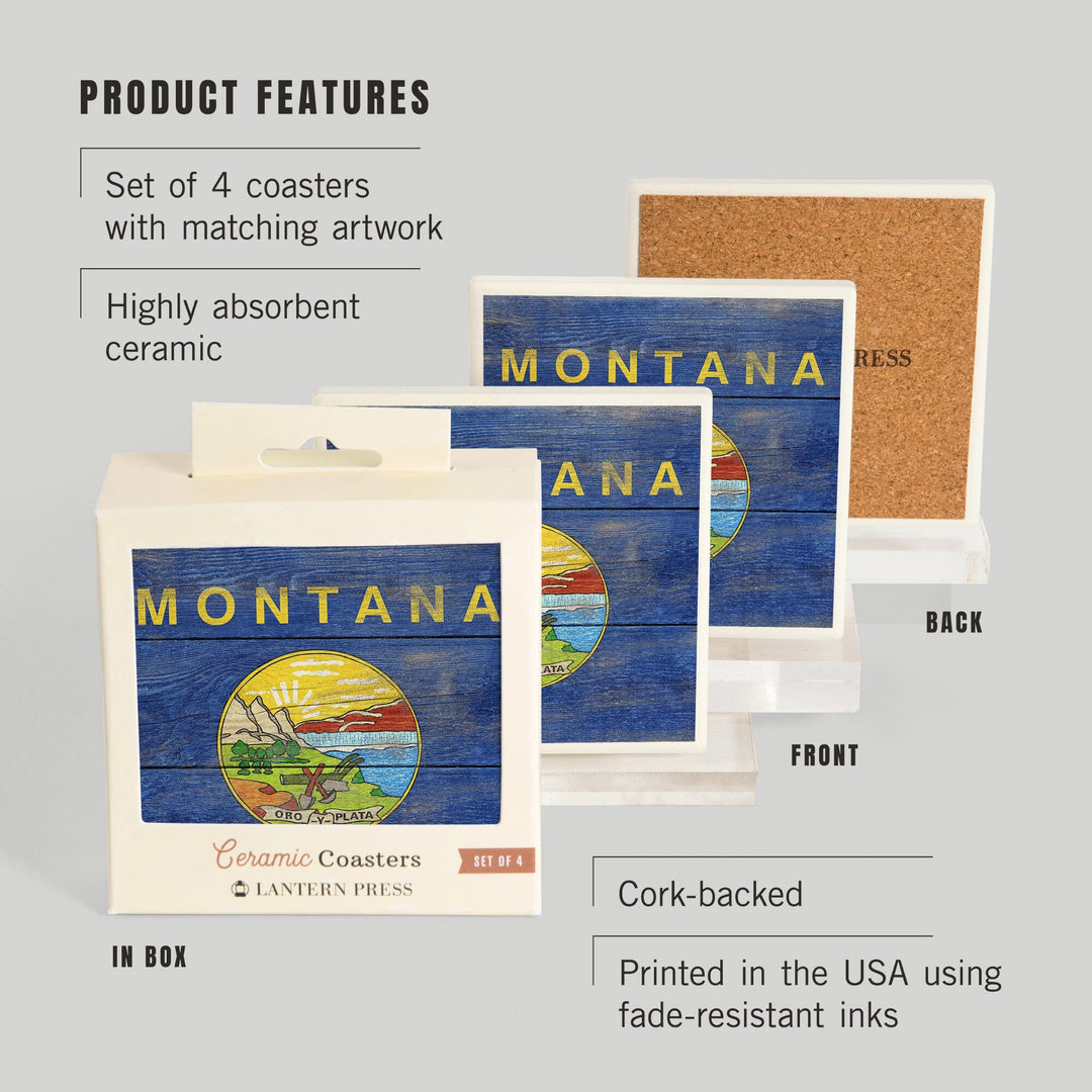 Rustic Montana State Flag, Lantern Press Artwork, Coaster Set Coasters Lantern Press 