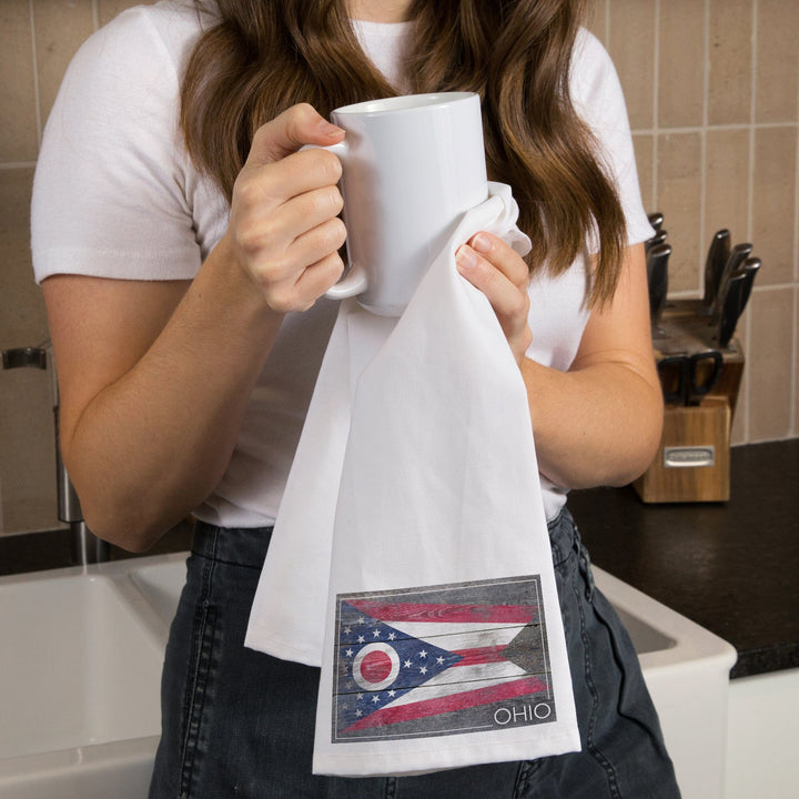 Rustic Ohio State Flag, Organic Cotton Kitchen Tea Towels Kitchen Lantern Press 