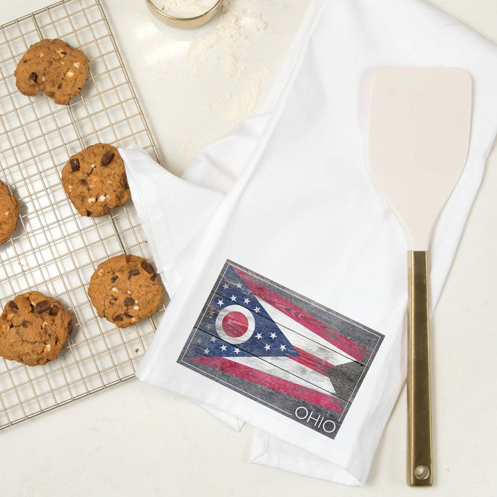 Rustic Ohio State Flag, Organic Cotton Kitchen Tea Towels Kitchen Lantern Press 