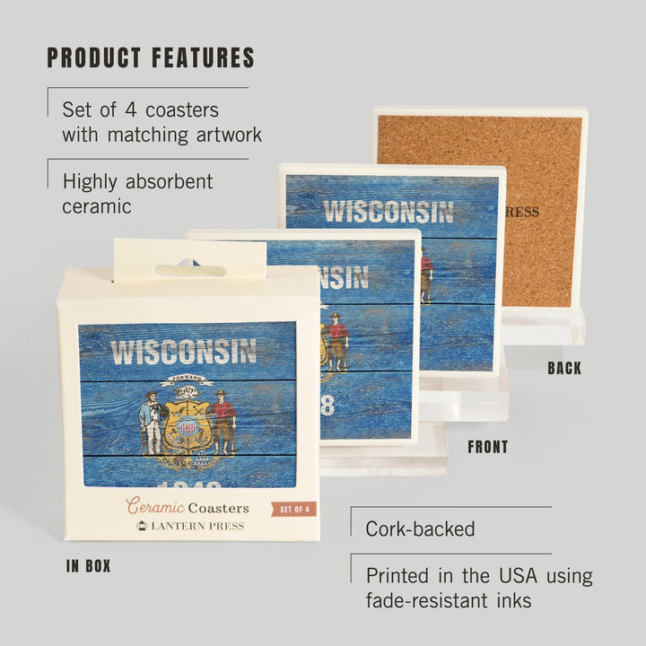 Rustic Wisconsin State Flag, Lantern Press Artwork, Coaster Set Coasters Lantern Press 