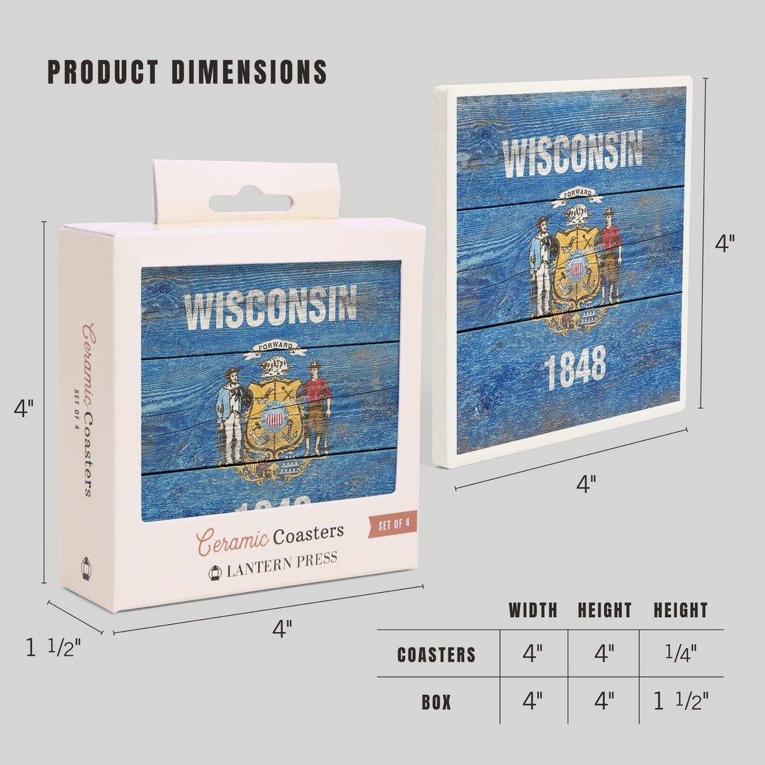 Rustic Wisconsin State Flag, Lantern Press Artwork, Coaster Set Coasters Lantern Press 