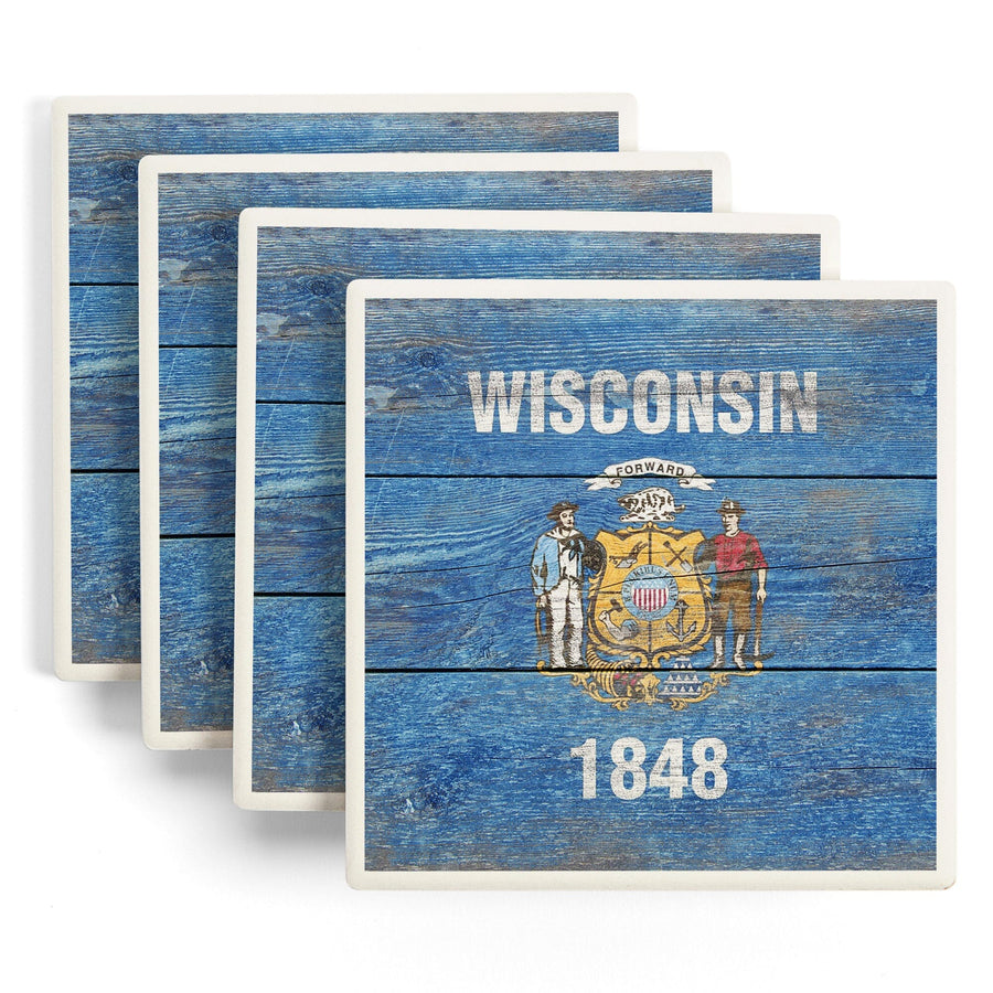 Rustic Wisconsin State Flag, Lantern Press Artwork, Coaster Set Coasters Lantern Press 