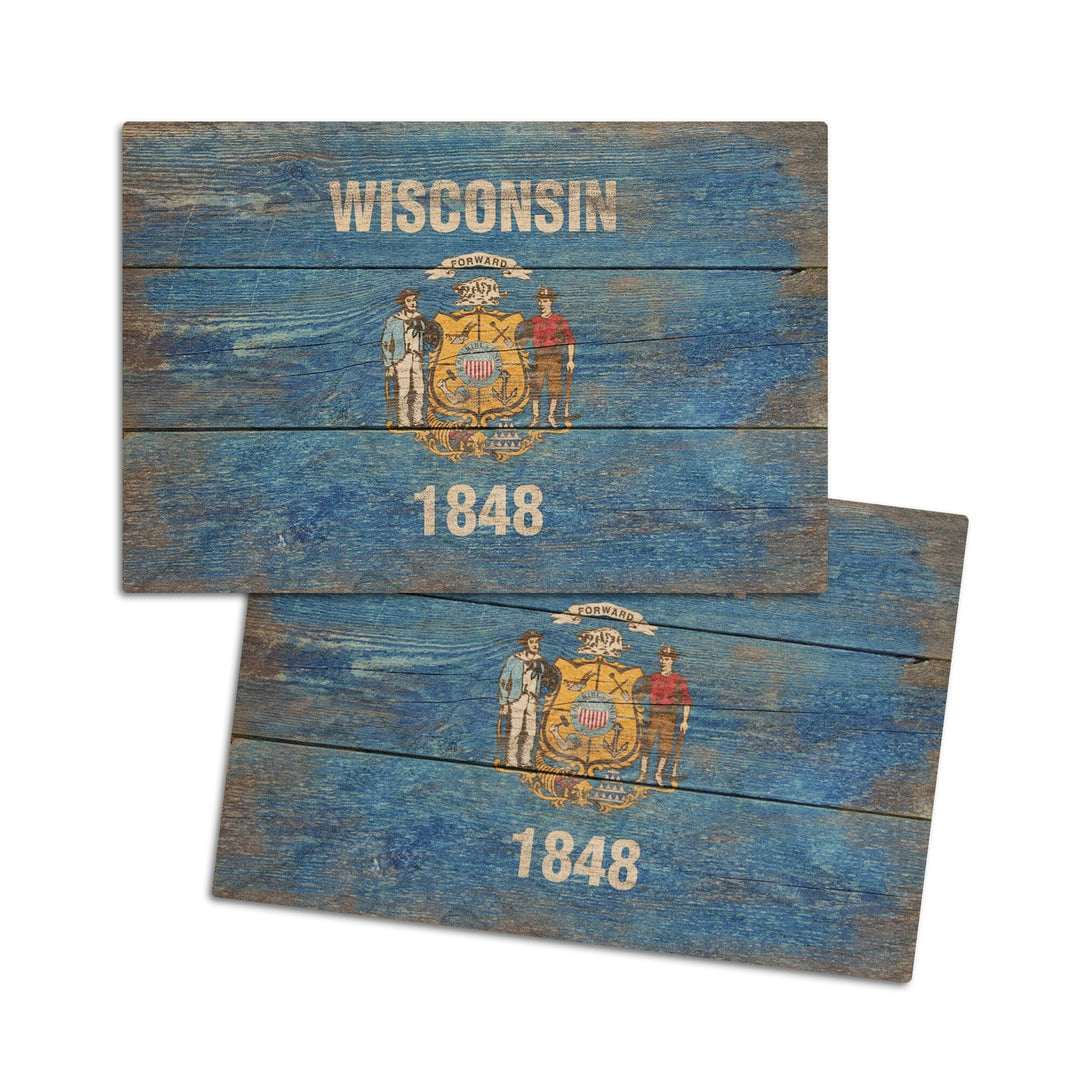 Rustic Wisconsin State Flag, Lantern Press Artwork, Wood Signs and Postcards Wood Lantern Press 4x6 Wood Postcard Set 