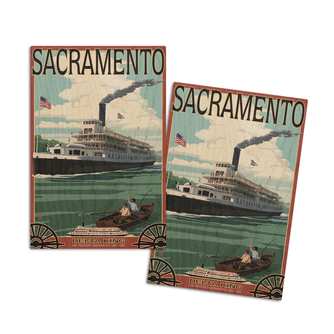 Sacramento, California, Delta King Riverboat, Lantern Press Artwork, Wood Signs and Postcards Wood Lantern Press 4x6 Wood Postcard Set 