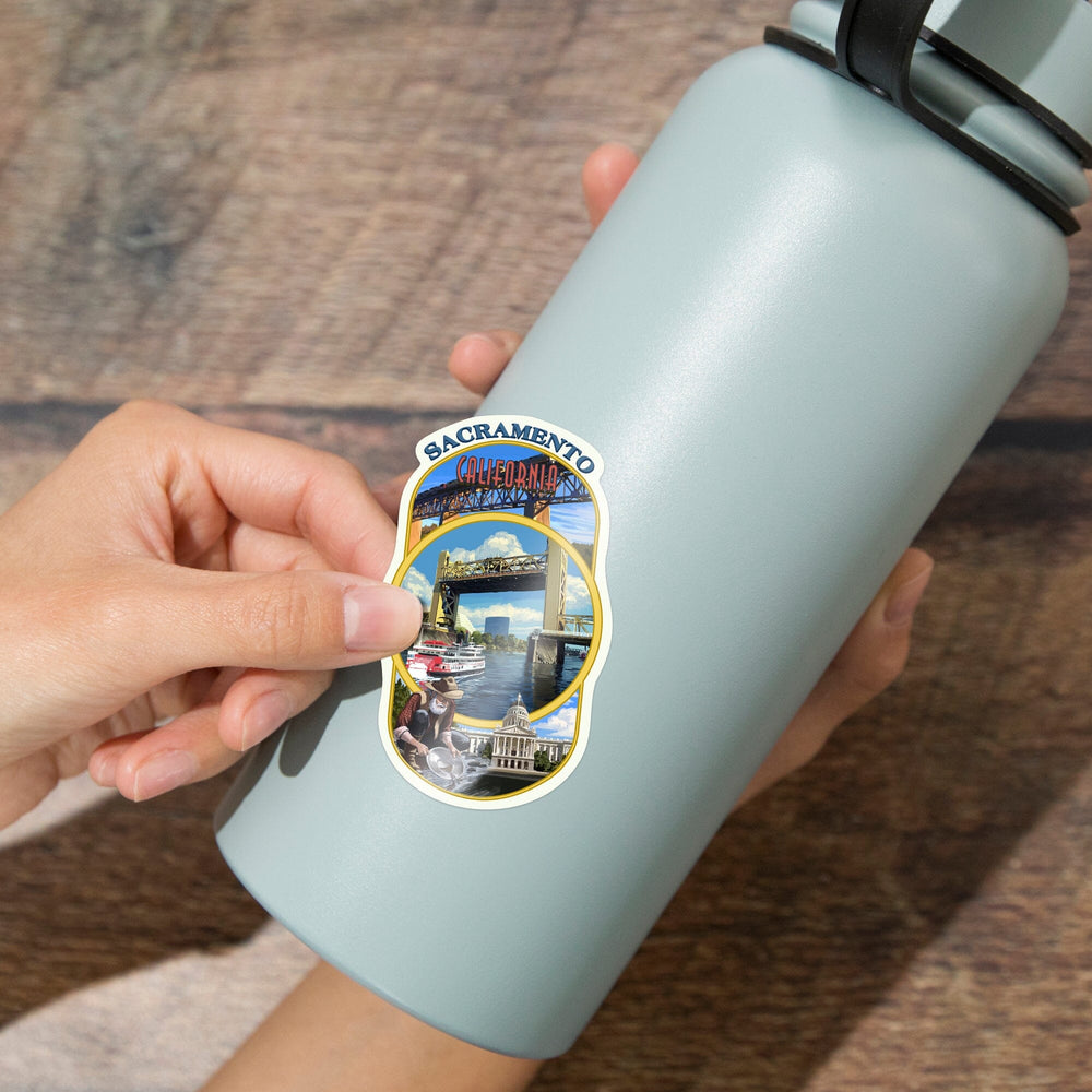 Sacramento, California, Montage, Contour, Vinyl Sticker Sticker Lantern Press 