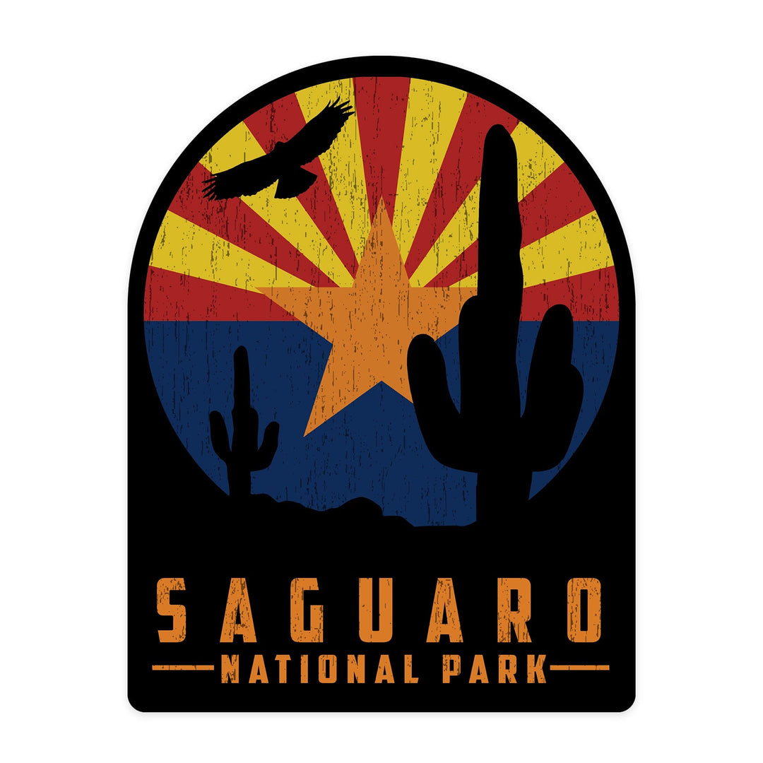 Saguaro National Park, Arizona, Cactus and State Flag, Rustic, Contour, Vinyl Sticker Sticker Lantern Press 