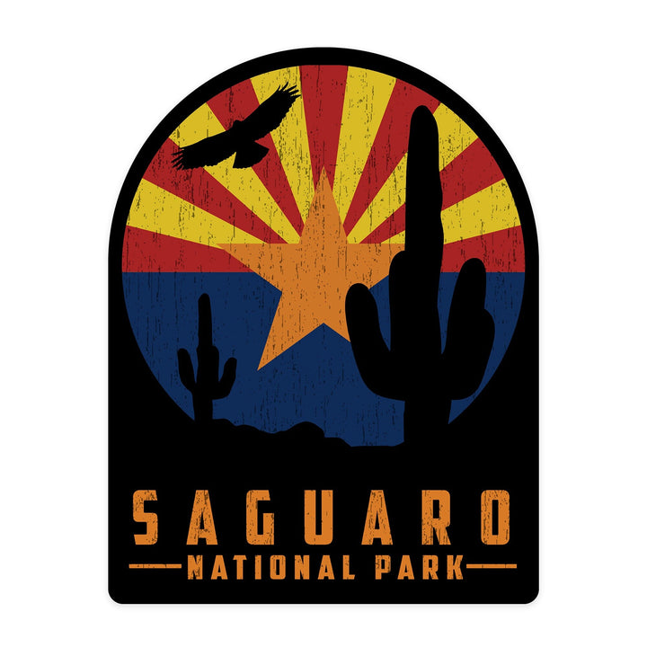 Saguaro National Park, Arizona, Cactus and State Flag, Rustic, Contour, Vinyl Sticker Sticker Lantern Press 