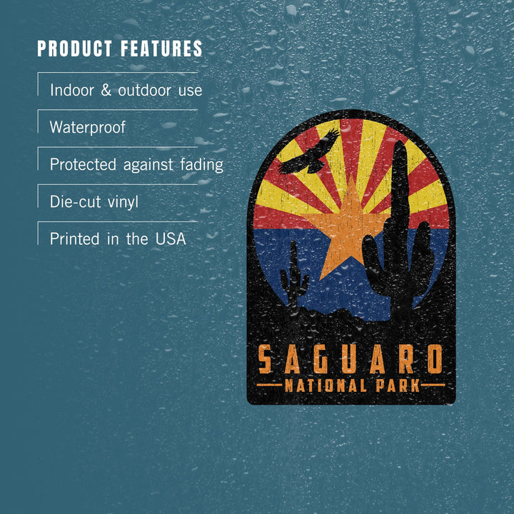 Saguaro National Park, Arizona, Cactus and State Flag, Rustic, Contour, Vinyl Sticker Sticker Lantern Press 