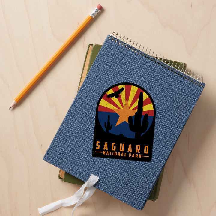 Saguaro National Park, Arizona, Cactus and State Flag, Rustic, Contour, Vinyl Sticker Sticker Lantern Press 