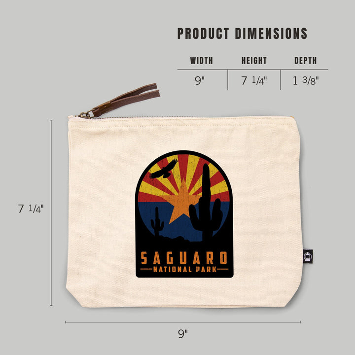 Saguaro National Park, Arizona, Cactus and State Flag, Rustic,, Organic Cotton Zipper Pouch, Go Bag Go Bag Lantern Press 