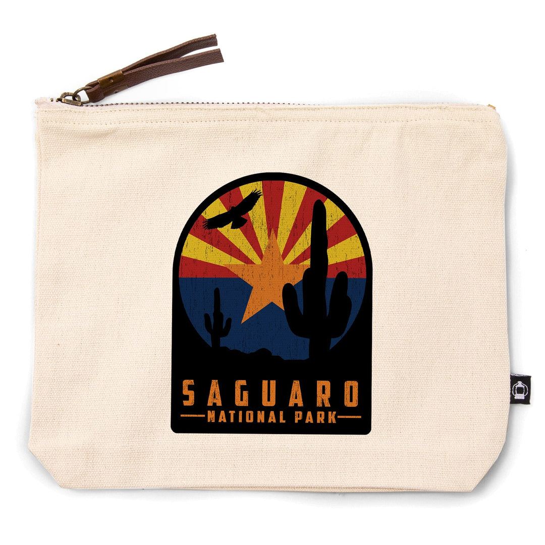 Saguaro National Park, Arizona, Cactus and State Flag, Rustic,, Organic Cotton Zipper Pouch, Go Bag Go Bag Lantern Press 