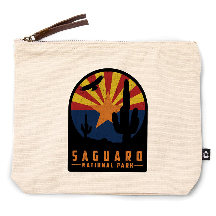 Saguaro National Park, Arizona, Cactus and State Flag, Rustic,, Organic Cotton Zipper Pouch, Go Bag Go Bag Lantern Press 