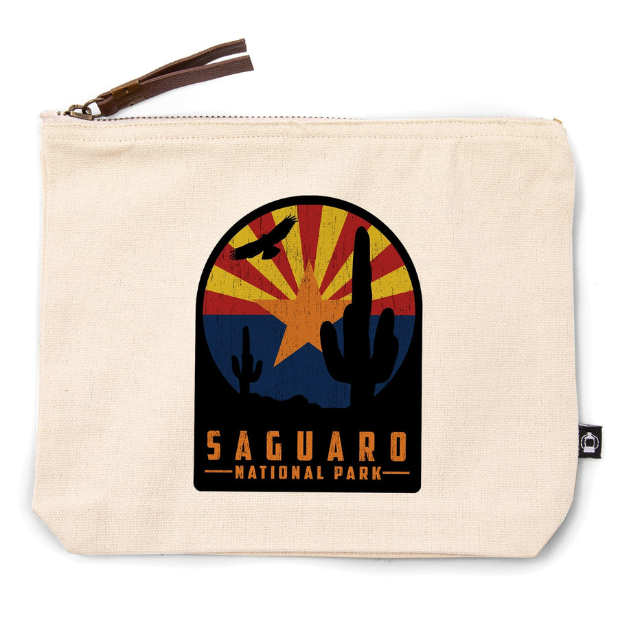 Saguaro National Park, Arizona, Cactus and State Flag, Rustic,, Organic Cotton Zipper Pouch, Go Bag Go Bag Lantern Press 