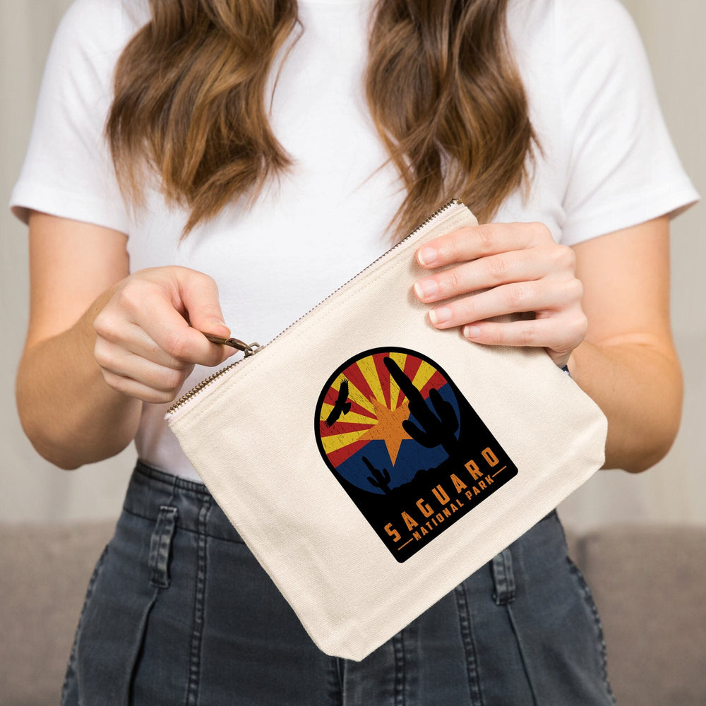 Saguaro National Park, Arizona, Cactus and State Flag, Rustic,, Organic Cotton Zipper Pouch, Go Bag Go Bag Lantern Press 