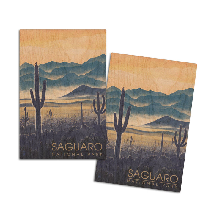 Saguaro National Park, Arizona, Desert Landscape, Lantern Press Artwork, Wood Signs and Postcards Wood Lantern Press 4x6 Wood Postcard Set 