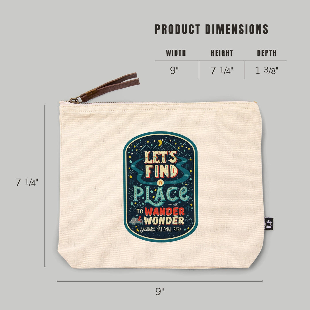 Saguaro National Park, Arizona, Find A Place To Wander and Wonder,, Organic Cotton Zipper Pouch, Go Bag Go Bag Lantern Press 