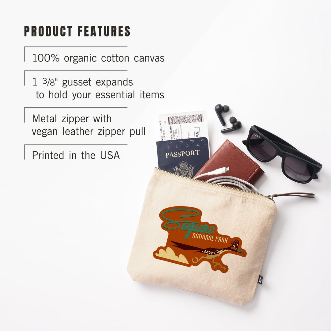 Saguaro National Park, Arizona, Geometric,, Organic Cotton Zipper Pouch, Go Bag Go Bag Lantern Press 