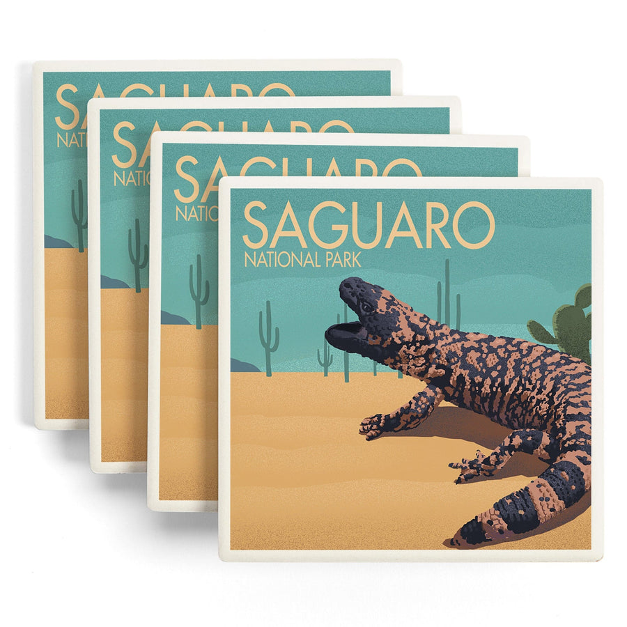 Saguaro National Park, Arizona, Gila Monster and Cactus, Lithograph, Lantern Press Artwork, Coaster Set Coasters Lantern Press 