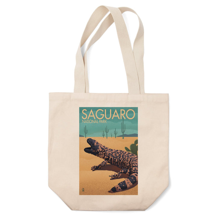 Saguaro National Park, Arizona, Gila Monster and Cactus, Lithograph, Lantern Press Artwork, Tote Bag Totes Lantern Press 