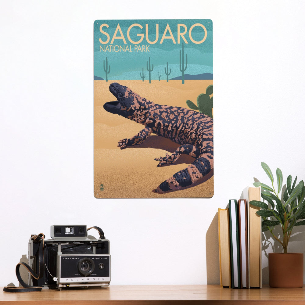 Saguaro National Park, Arizona, Gila Monster and Cactus, Lithograph, Metal Signs Metal Lantern Press 