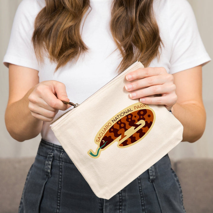 Saguaro National Park, Arizona, Gila Monster, Geometric,, Organic Cotton Zipper Pouch, Go Bag Go Bag Lantern Press 