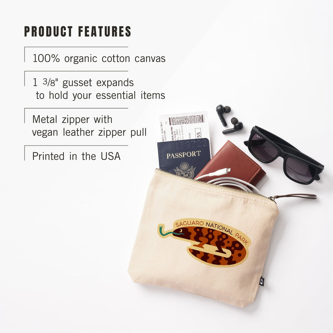 Saguaro National Park, Arizona, Gila Monster, Geometric,, Organic Cotton Zipper Pouch, Go Bag Go Bag Lantern Press 