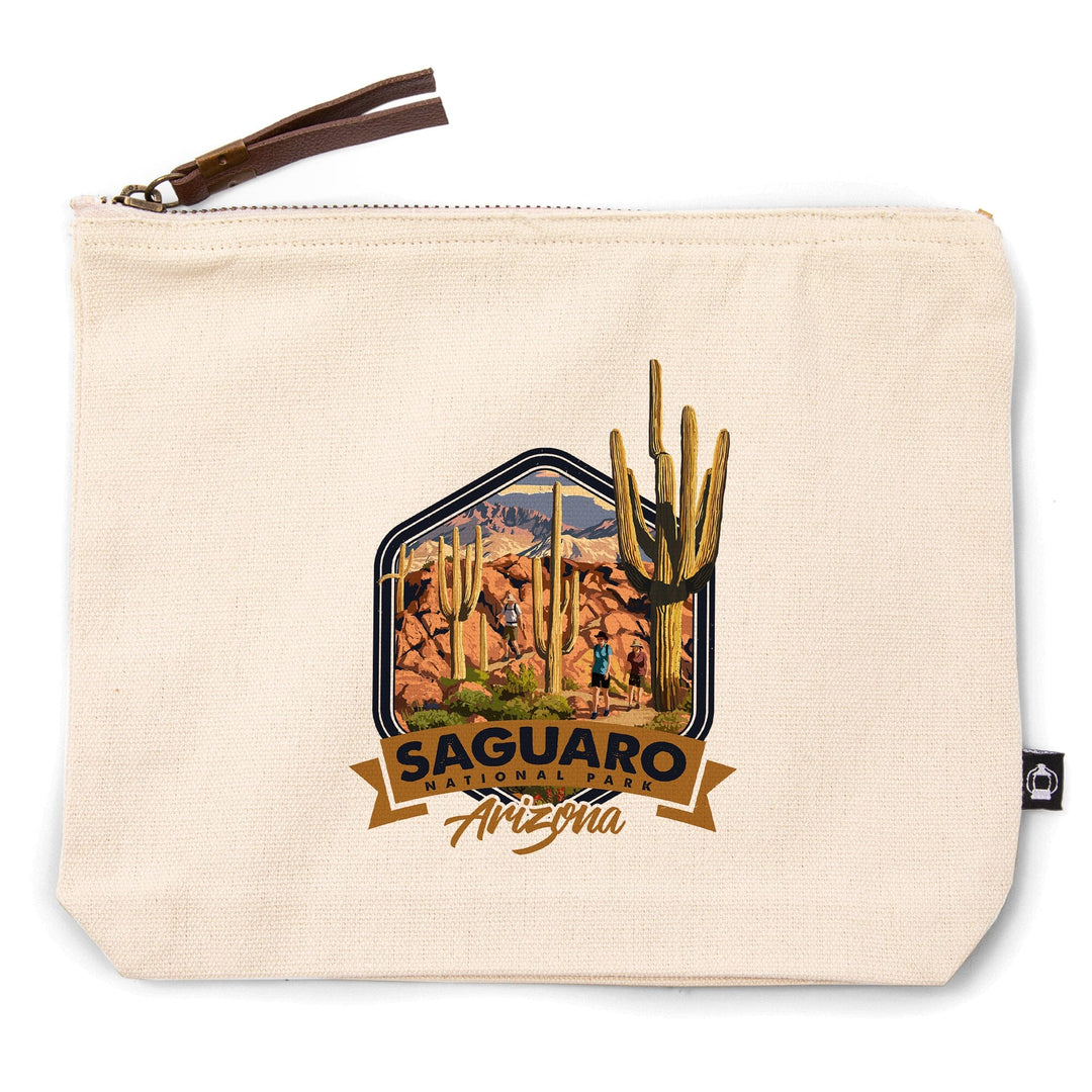 Saguaro National Park, Arizona, Hikers and Saguaro,, Organic Cotton Zipper Pouch, Go Bag Go Bag Lantern Press 