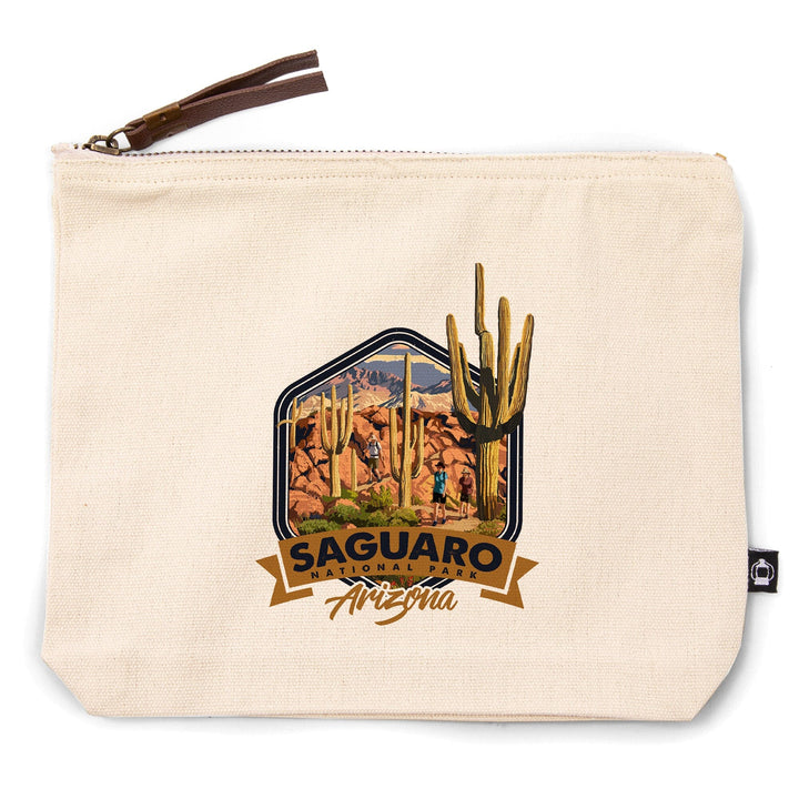Saguaro National Park, Arizona, Hikers and Saguaro,, Organic Cotton Zipper Pouch, Go Bag Go Bag Lantern Press 