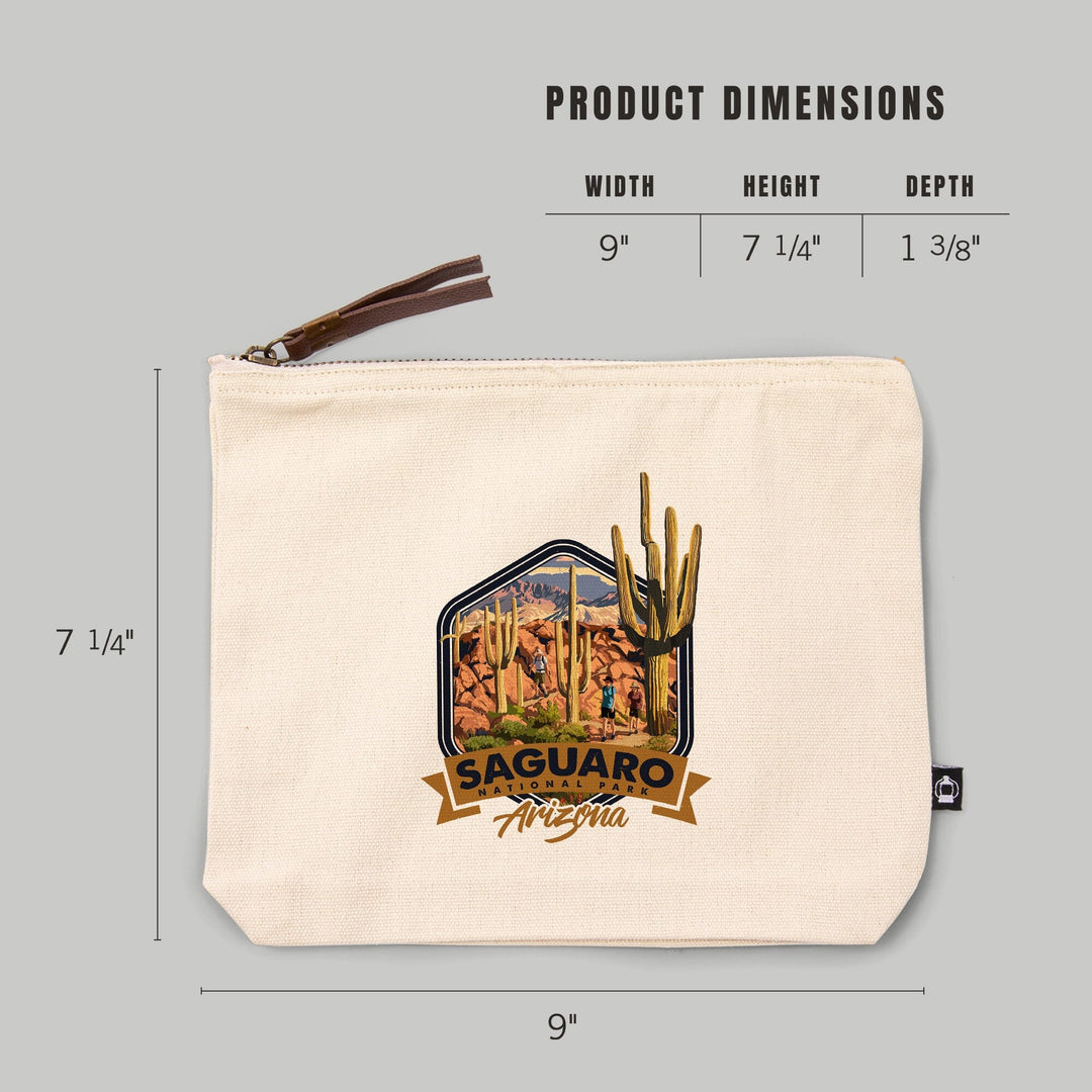 Saguaro National Park, Arizona, Hikers and Saguaro,, Organic Cotton Zipper Pouch, Go Bag Go Bag Lantern Press 