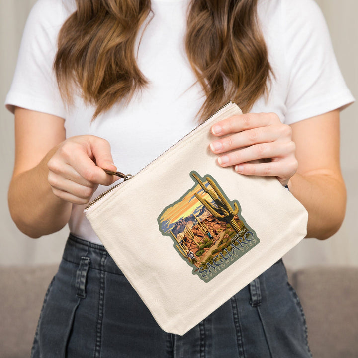 Saguaro National Park, Arizona, Hiking Scene,, Organic Cotton Zipper Pouch, Go Bag Go Bag Lantern Press 
