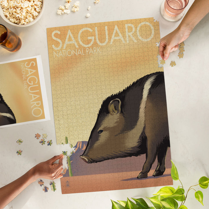 Saguaro National Park, Arizona, Javelina, Lithograph, Jigsaw Puzzle Puzzle Lantern Press 