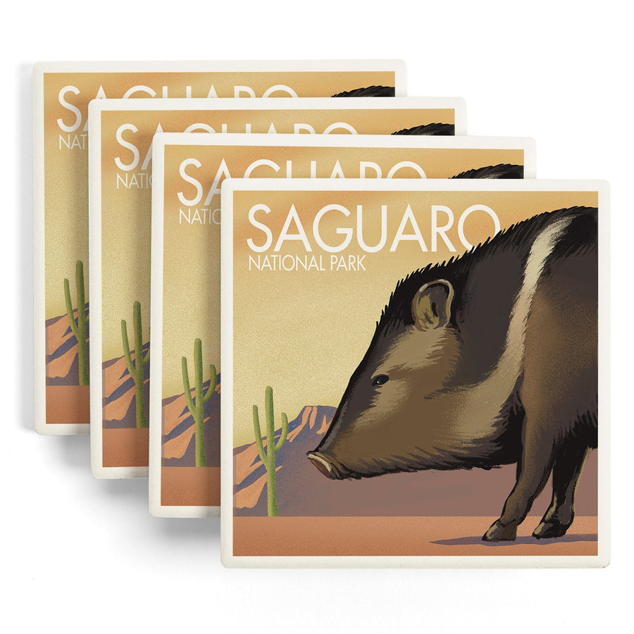 Saguaro National Park, Arizona, Javelina, Lithograph, Lantern Press Artwork, Coaster Set Coasters Lantern Press 