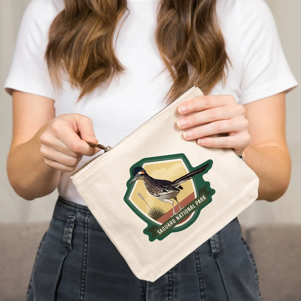 Saguaro National Park, Arizona, Lithograph Bird,, Organic Cotton Zipper Pouch, Go Bag Go Bag Lantern Press 