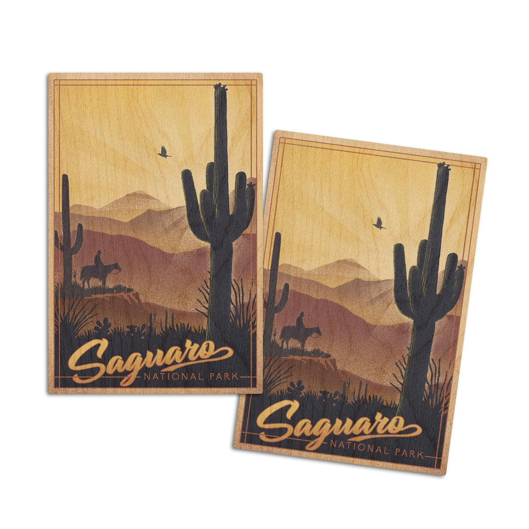 Saguaro National Park, Arizona, Lithograph, Lantern Press Artwork, Wood Signs and Postcards Wood Lantern Press 4x6 Wood Postcard Set 