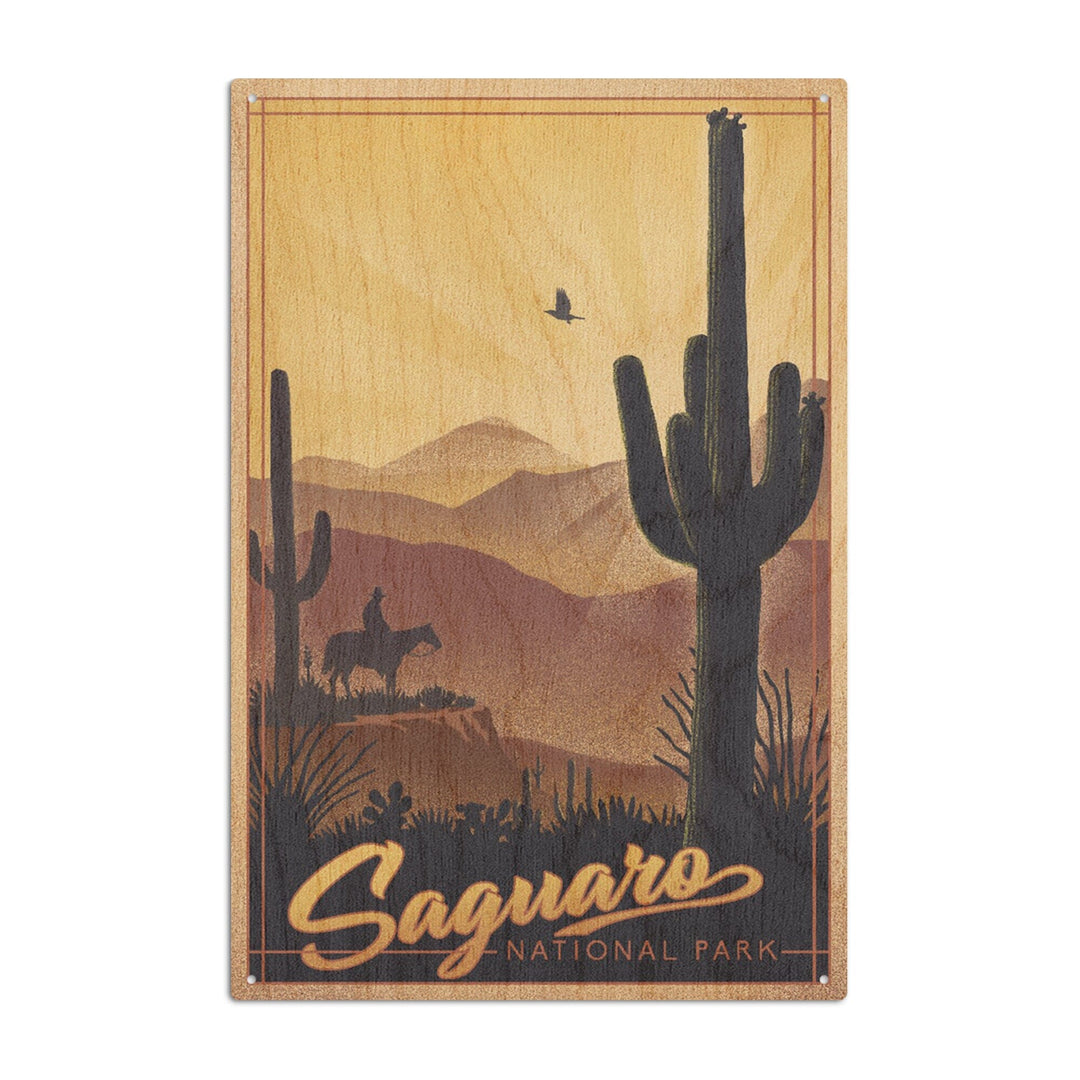 Saguaro National Park, Arizona, Lithograph, Lantern Press Artwork, Wood Signs and Postcards Wood Lantern Press 6x9 Wood Sign 