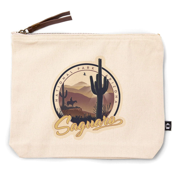 Saguaro National Park, Arizona, Lithograph,, Organic Cotton Zipper Pouch, Go Bag Go Bag Lantern Press 